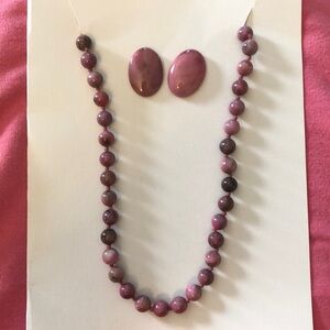 Vintage Rhodonite 18-inch Gemstone Bead Necklace and Earrings Set